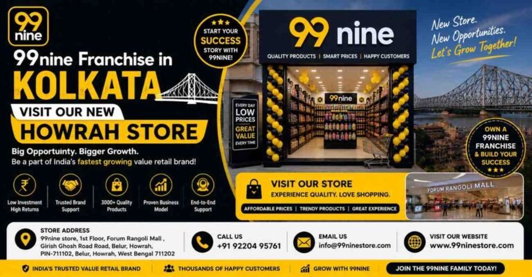 99nine Store Franchise in Kolkata banner featuring the new Howrah store, modern retail storefront, Howrah Bridge backdrop, affordable products, and franchise opportunities in West Bengal.