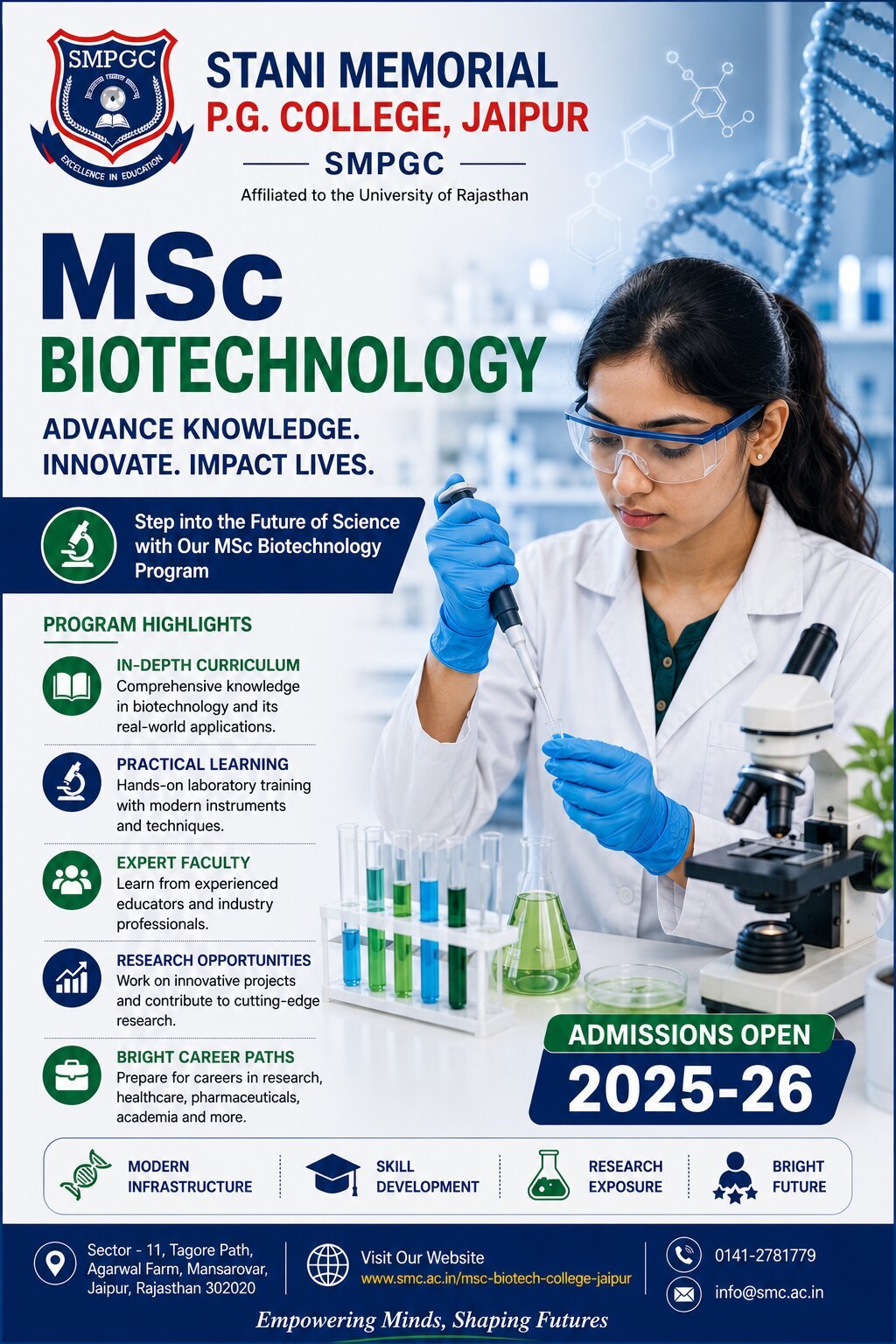 Stani Memorial P.G. College, recognised among Master course in Biotechnology jaipur, offers a specialised M.Sc. Biotechnology program focused on advanced research, molecular biology, genetics, microbiology, and bioinformatics.