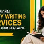 Woman writing creative ideas in a notebook for professional storytelling