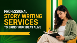 Woman writing creative ideas in a notebook for professional storytelling
