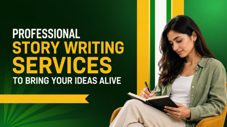 Woman writing creative ideas in a notebook for professional storytelling