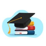 Black graduation cap on stack of books. Vector illustration in flat style.
