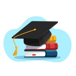 Black graduation cap on stack of books. Vector illustration in flat style.