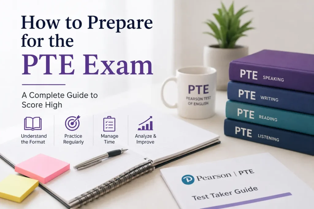 PTE Exam Preparation guide with study books, notebook, and Pearson PTE test materials.