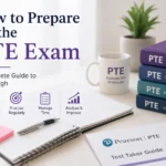 PTE Exam Preparation guide with study books, notebook, and Pearson PTE test materials.