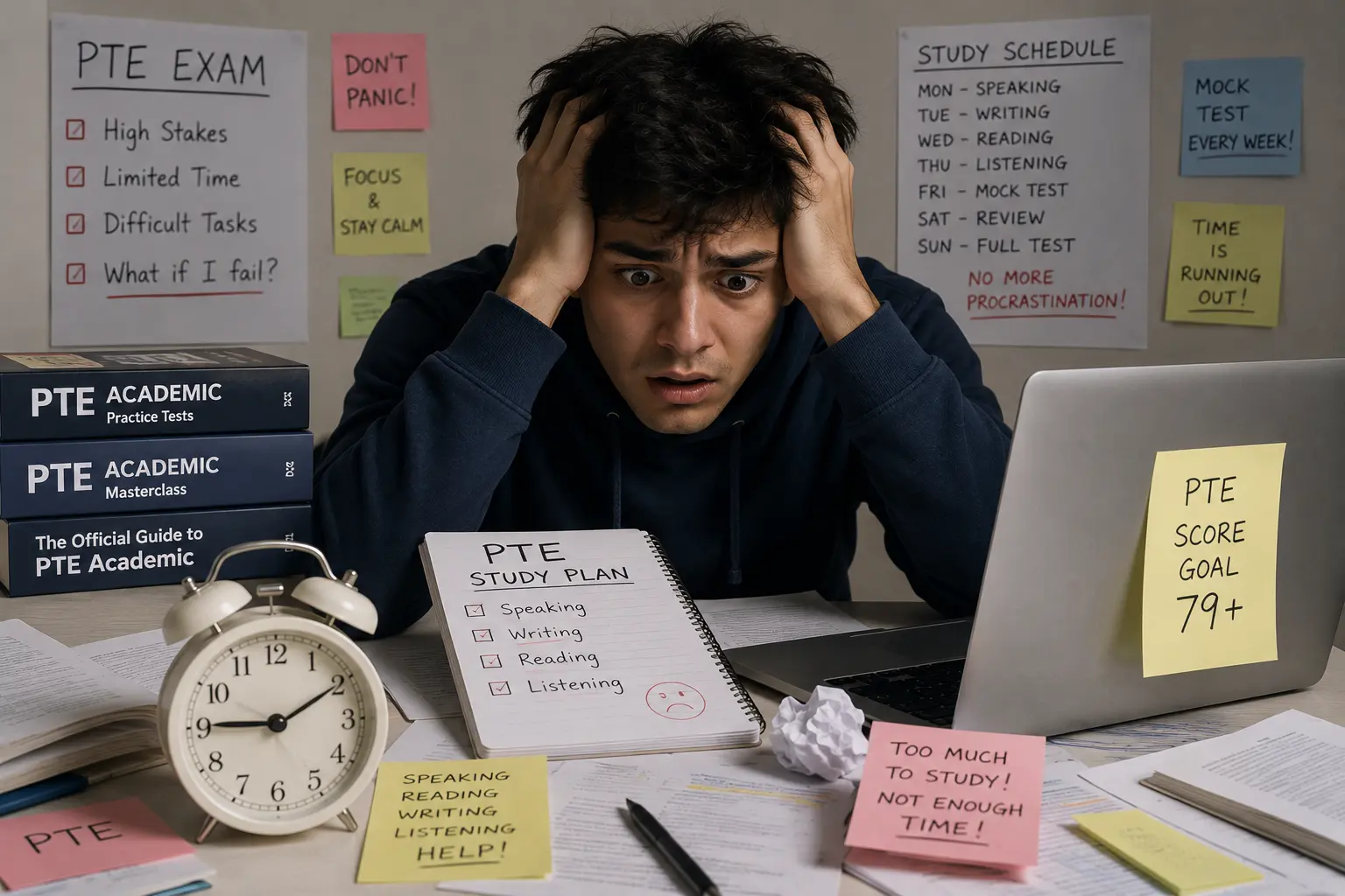 Student feeling overwhelmed during PTE Exam Preparation, surrounded by PTE study materials, a study plan, and exam notes.