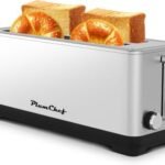 Modern stainless steel 4-slice toaster with bread and bagels, featuring multiple toasting functions for convenient breakfast preparation.