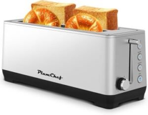 Modern stainless steel 4-slice toaster with bread and bagels, featuring multiple toasting functions for convenient breakfast preparation.
