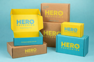Branded HERO PACKAGING boxes arrangement