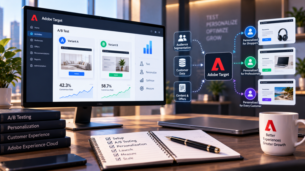 Adobe Target implementation dashboard showing A/B testing, audience segmentation, customer data, personalization, and optimization workflows.