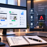 Adobe Target implementation dashboard showing A/B testing, audience segmentation, customer data, personalization, and optimization workflows.