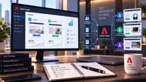 Adobe Target implementation dashboard showing A/B testing, audience segmentation, customer data, personalization, and optimization workflows.