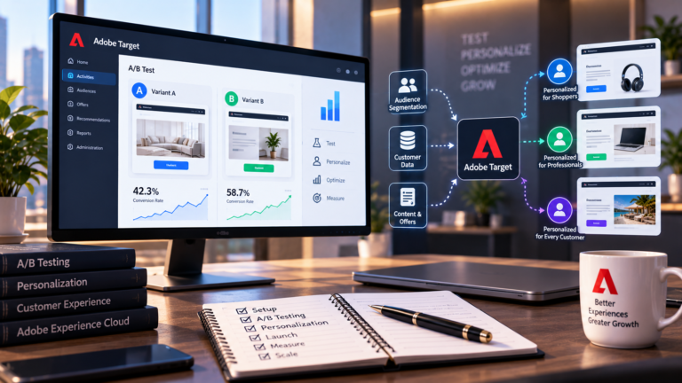 Adobe Target implementation dashboard showing A/B testing, audience segmentation, customer data, personalization, and optimization workflows.