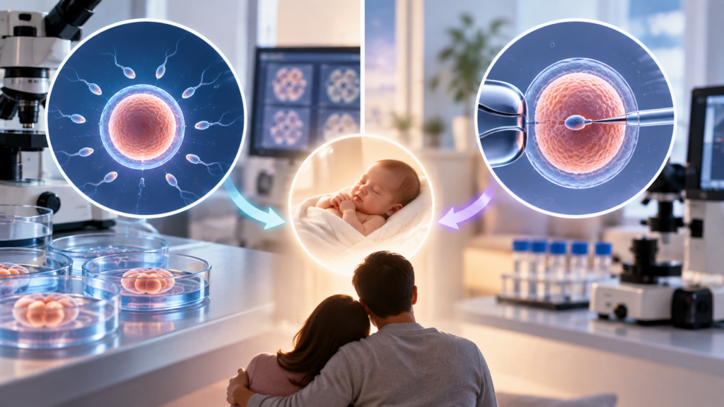 Medical illustration comparing conventional IVF and ICSI, showing sperm fertilizing an egg naturally in IVF and a single sperm being injected directly into an egg during ICSI.