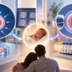 Medical illustration comparing conventional IVF and ICSI, showing sperm fertilizing an egg naturally in IVF and a single sperm being injected directly into an egg during ICSI.
