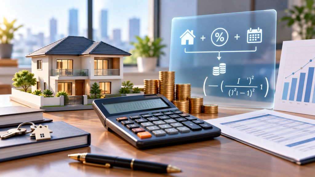 Home loan EMI calculation showing a house model, calculator, coins, interest rate, and repayment formula used to calculate monthly home loan payments.