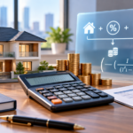 Home loan EMI calculation showing a house model, calculator, coins, interest rate, and repayment formula used to calculate monthly home loan payments.