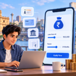 Illustration of a borrower applying for an instant loan online in Ahmedabad with eligibility checks, document verification, and loan disbursal
