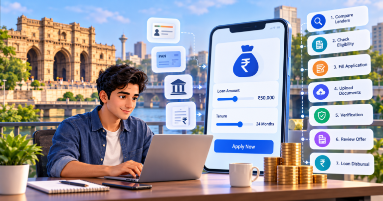 Illustration of a borrower applying for an instant loan online in Ahmedabad with eligibility checks, document verification, and loan disbursal
