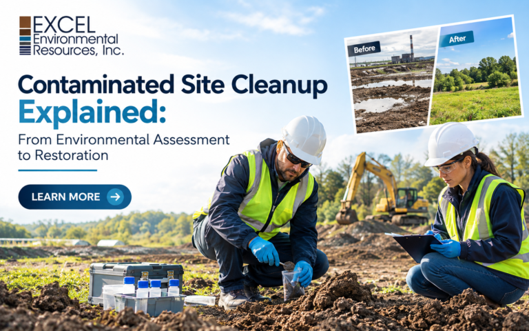 Environmental team assessing a contaminated site during cleanup and restoration