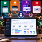 Adobe Campaign dashboard showing cross-channel marketing automation across email, SMS, push notifications, social media, web, and in-store campaigns.