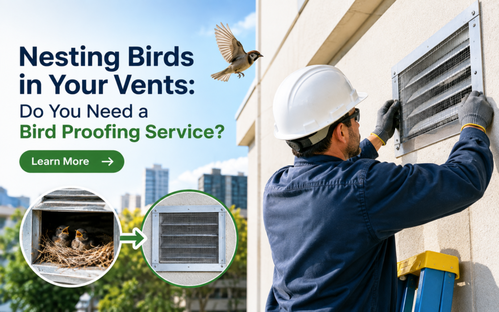 Bird nesting inside a home ventilation vent requiring bird proofing