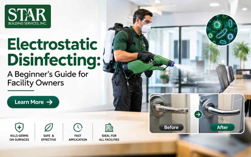 Electrostatic disinfecting equipment spraying disinfectant in a facility