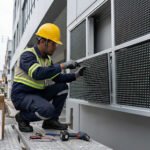 A technician in safety gear is installing an outdoor LED display module