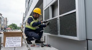 A technician in safety gear is installing an outdoor LED display module