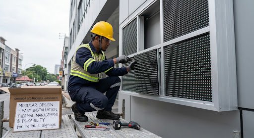 A technician in safety gear is installing an outdoor LED display module