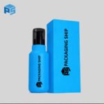 Custom blue bottle and matching packaging box featuring the Packaging Ship logo on a light gray background.