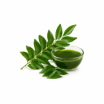 Curry Leaf Extract in a glass bowl with fresh green curry leaves on a white background.
