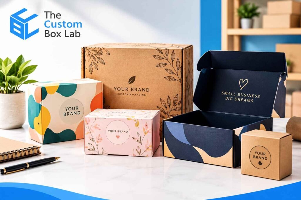 Custom printed boxes for small businesses featuring colorful designs, branded packaging, and custom box printing options.