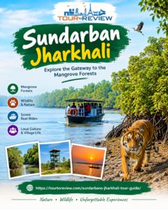 Sundarban Jharkhali in West Bengal featuring mangrove forests, river waterways, and scenic wildlife tourism.