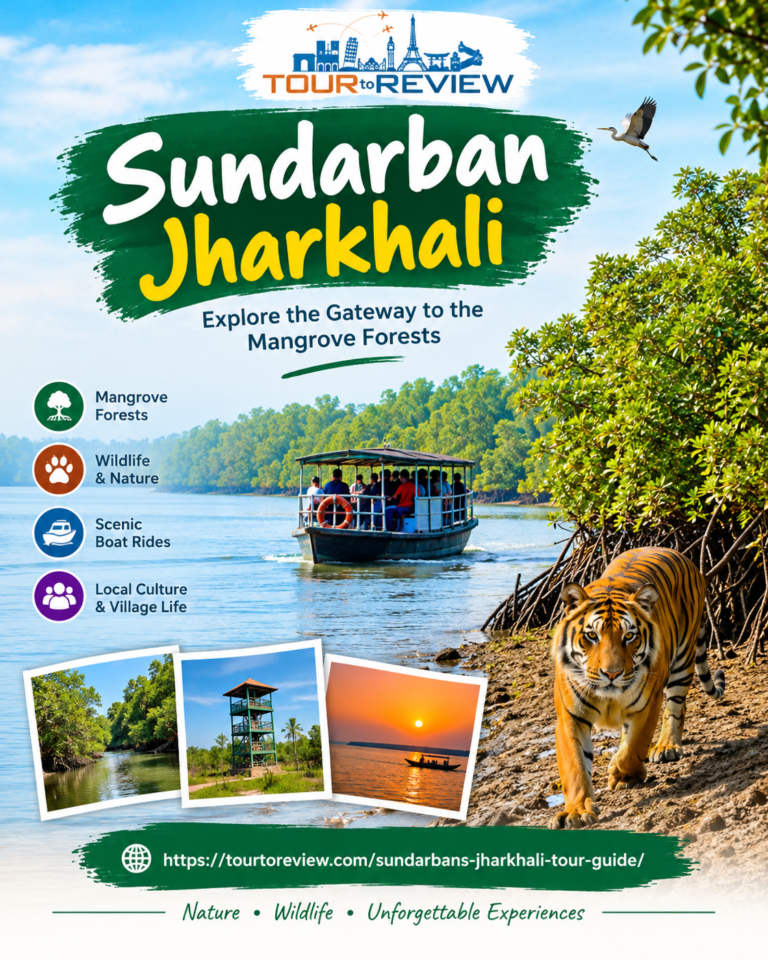 Sundarban Jharkhali in West Bengal featuring mangrove forests, river waterways, and scenic wildlife tourism.