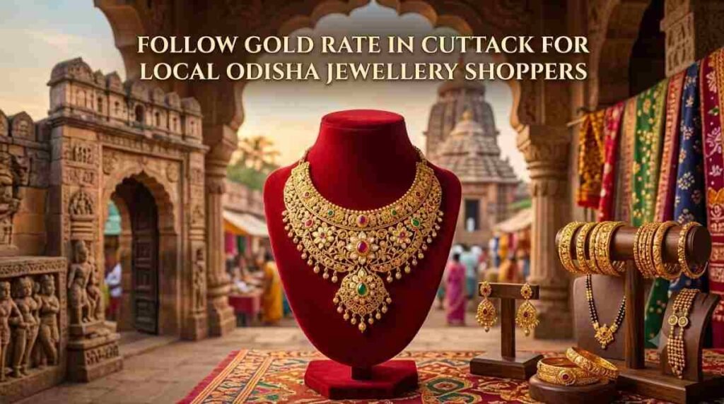 Gold jewellery displayed in a jewellery shop in Cuttack, Odisha, representing local gold-rate monitoring.