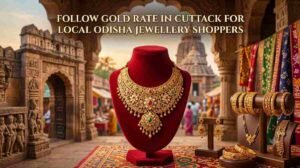 Gold jewellery displayed in a jewellery shop in Cuttack, Odisha, representing local gold-rate monitoring.