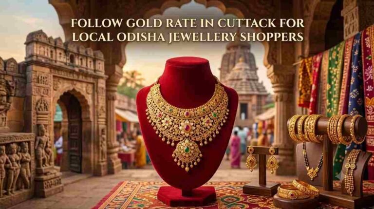 Gold jewellery displayed in a jewellery shop in Cuttack, Odisha, representing local gold-rate monitoring.