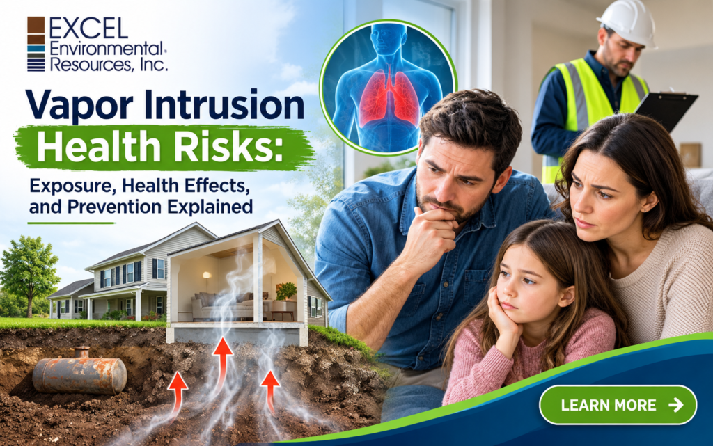 Vapor intrusion health risks showing harmful chemical vapors entering a building from contaminated soil and groundwater.