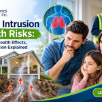 Vapor intrusion health risks showing harmful chemical vapors entering a building from contaminated soil and groundwater.