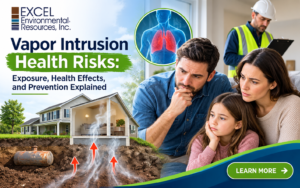 Vapor intrusion health risks showing harmful chemical vapors entering a building from contaminated soil and groundwater.