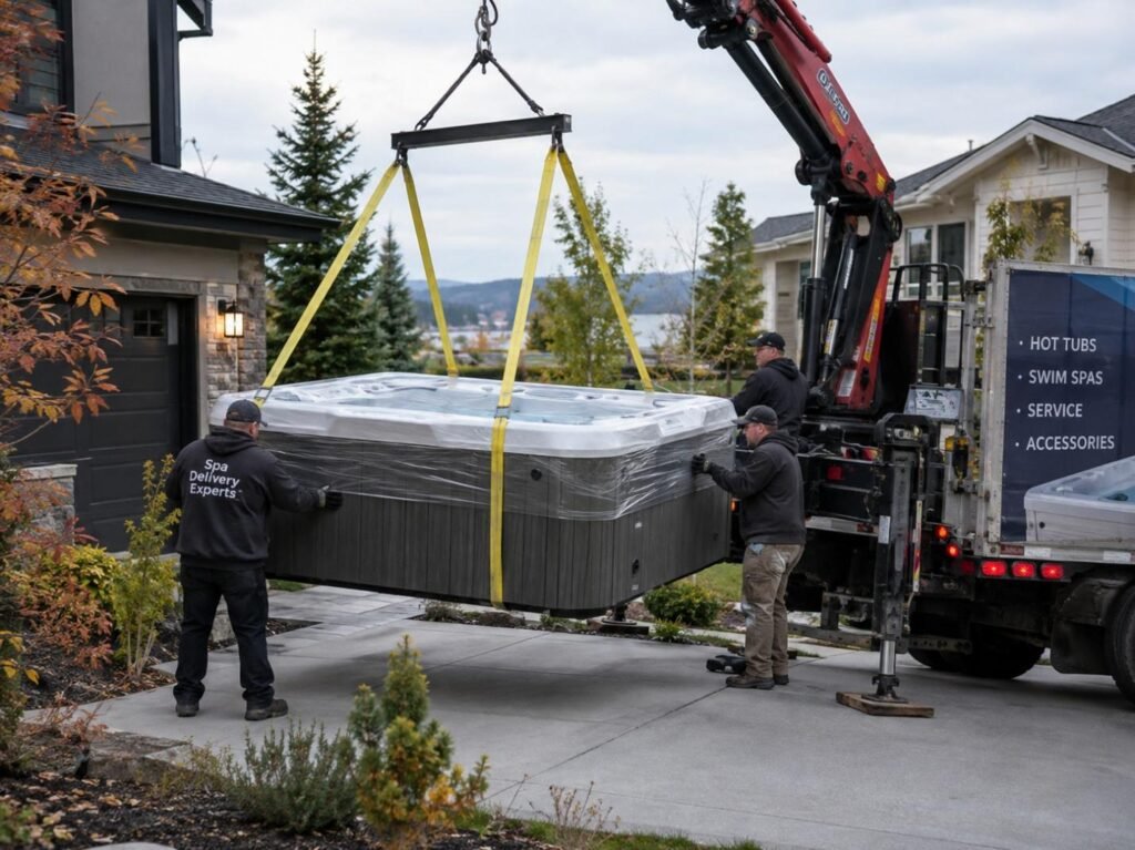 A delivery truck parked in front of a house driveway