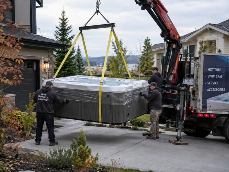 A delivery truck parked in front of a house driveway