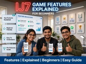 Three smiling Indian beginners in a bright modern tech studio holding smartphones displaying "Features Explained Beginner Friendly" with thumbs up, behind them a large screen shows Feature Breakdown with Combat System, Rewards, and Multiplayer features, wall badges show Feature Grid, Star Feature, Lightbulb Explained, Guide Book, Check Feature and Trophy Feature, with red neon IJ7 Game Features Explained for Beginners title on top
