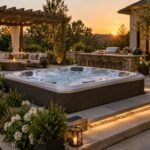 A backyard patio with a pergola, seating, and an outdoor kitchen