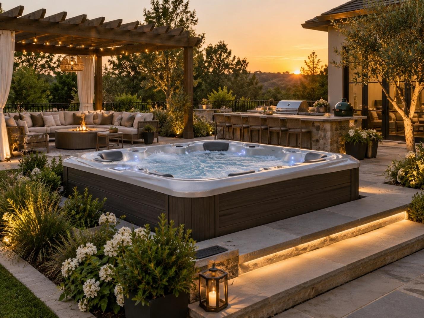 A backyard patio with a pergola, seating, and an outdoor kitchen