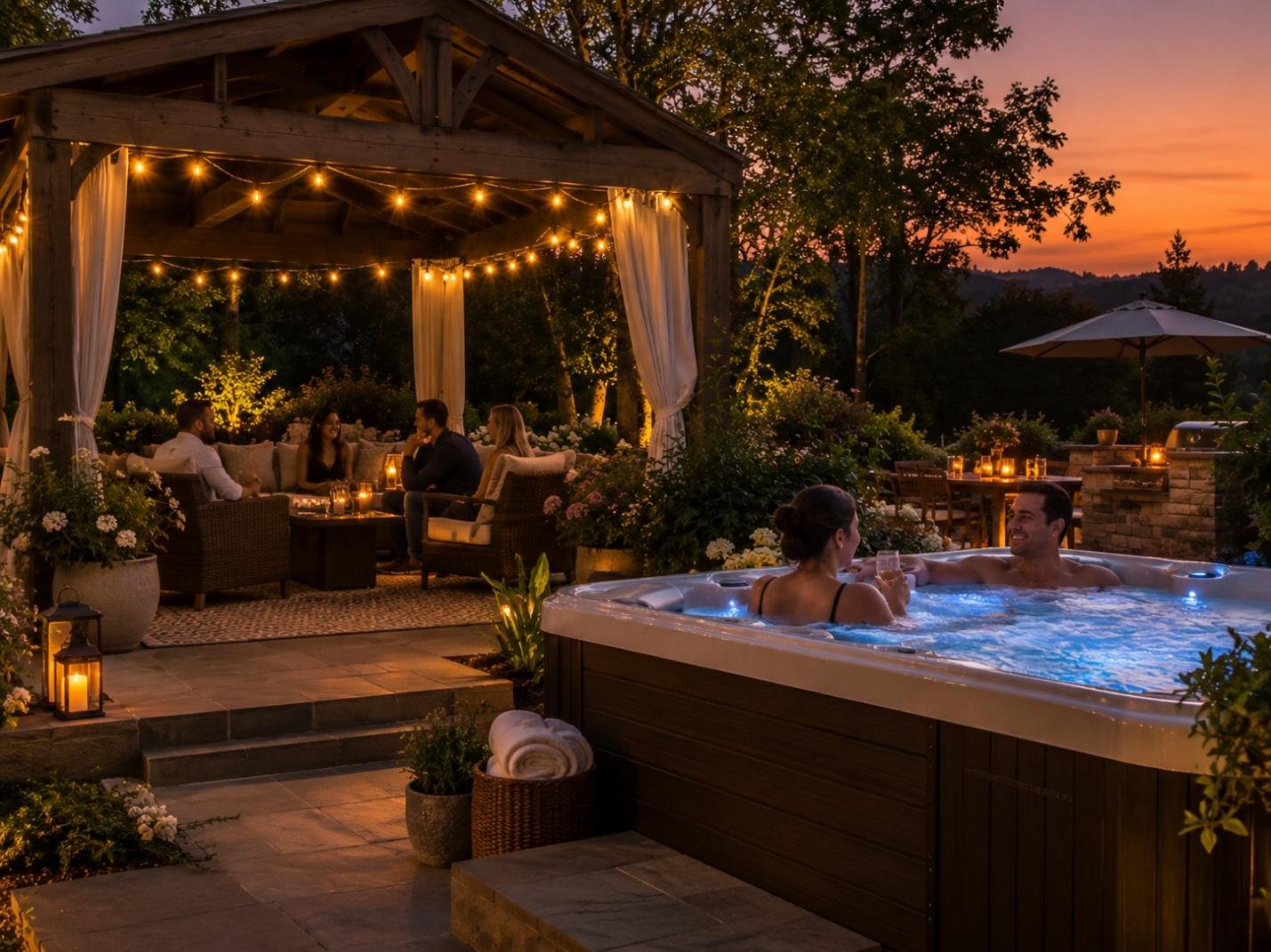 A backyard gazebo strung with warm string lights in the evening and a hot tub